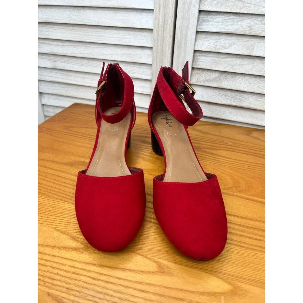 Style & Co Ankle Strap Heels 10 Red Women Faux Suede Block Heel